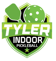 Pickleball logo for Tyler Indoor Pickleball featuring a green paddle, pickleball, and shield design.